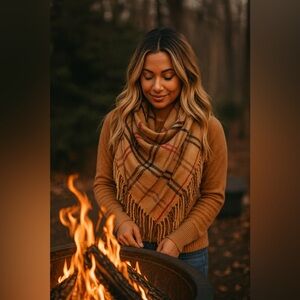 Cejon Plaid Fringe Infiniti Scarf - Tan and Black OS